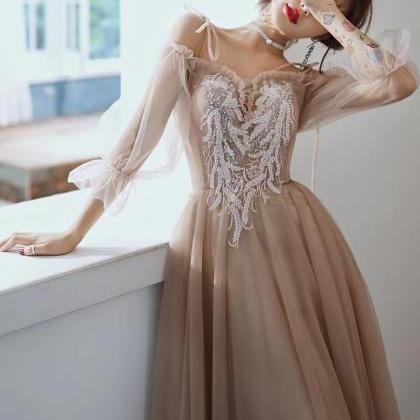 Long Sleeve Party Dress, Champagne Bridesmaid..