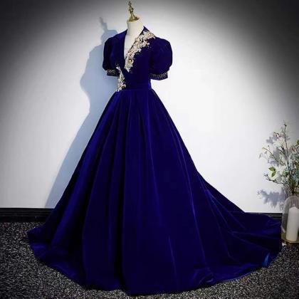 V-neck Evening Dress, Elegant Formal Dress,blue..