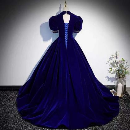 V-neck Evening Dress, Elegant Formal Dress,blue..