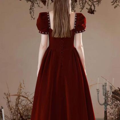 Velvet Dress, Burgundy Bubble Sleeve Prom Dress,..