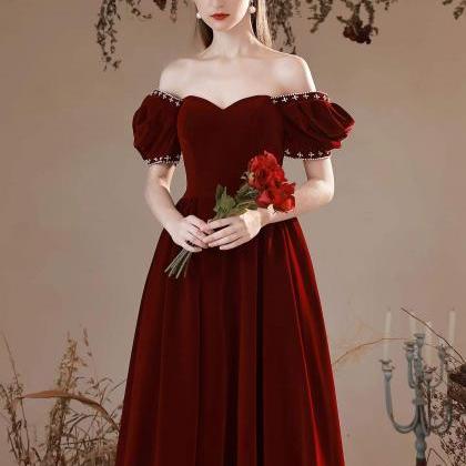 Velvet Dress, Burgundy Bubble Sleeve Prom Dress,..