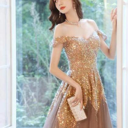 Golden Temperament Evening Dress , Sequins Heavy..