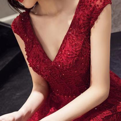 Red Evening Dress, V-neck Party Dress, Custom Made