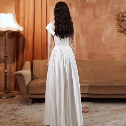 White Evening Dress, Satin Off Shoulder Prom..