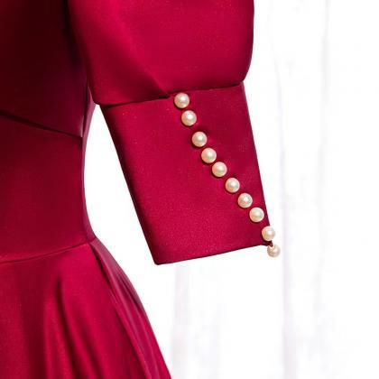 Long Red Dress, Satin Evening Dress, Square Collar..