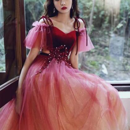 Off Shoulder Prom Dress , Red Gradient Party..