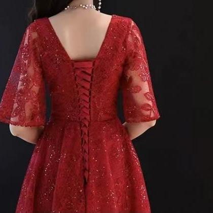 V-neck Prom Dress, Lace Party Dress,red Elegant..