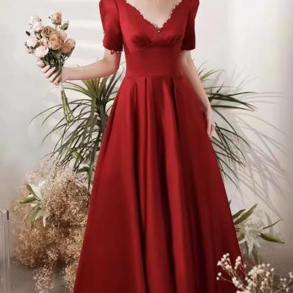 V-neck Evening Dress, Class Prom Dress, Red Satin..