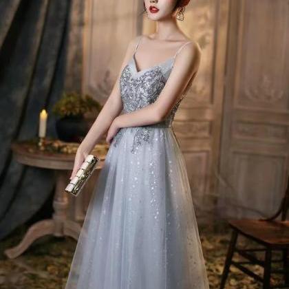 Gray Long Bridesmaid Dress, Birthday Party Evening..