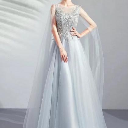 Gray Long-sleeve Birthday Dress, Elegant Formal..