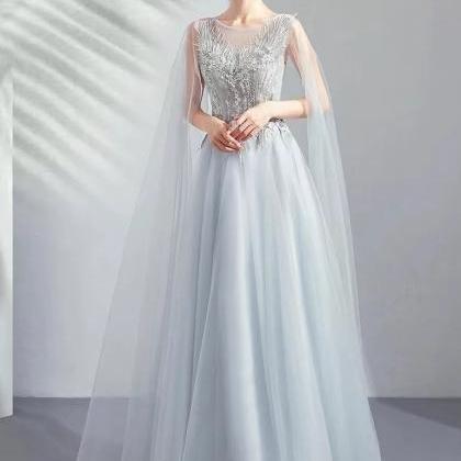 Gray Long-sleeve Birthday Dress, Elegant Formal..