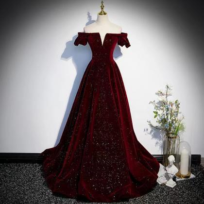 Off-shoulder Prom Gown, Burgundy Velvet Evening..