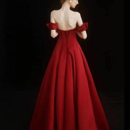 Satin Burgundy Prom Gown, Sexy Off Shoulder..