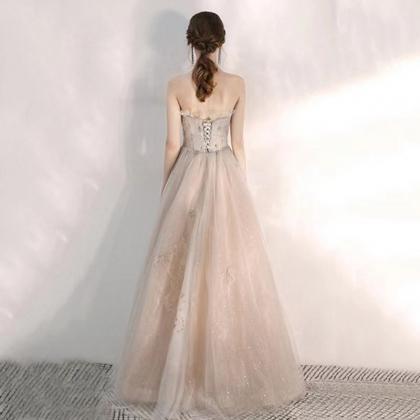 Champagne Prom Gown, Beaded Strapless Party..
