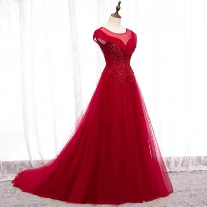Round Neck Party Dress, Red Prom Dress, Elegant..