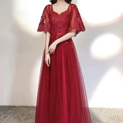 Horn Sleeve Long Tulle Dress, Red Prom Dress ,lace..
