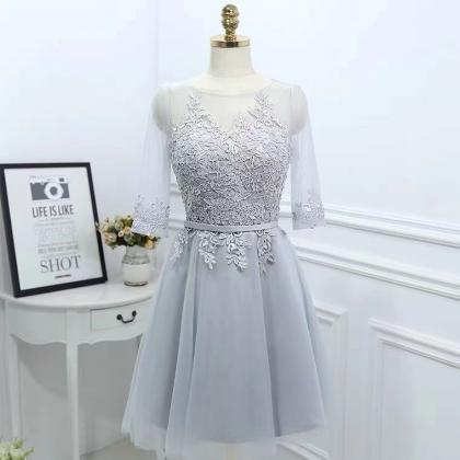 Gray Homecoming Dress, Mid-sleeve Bridesmaid..