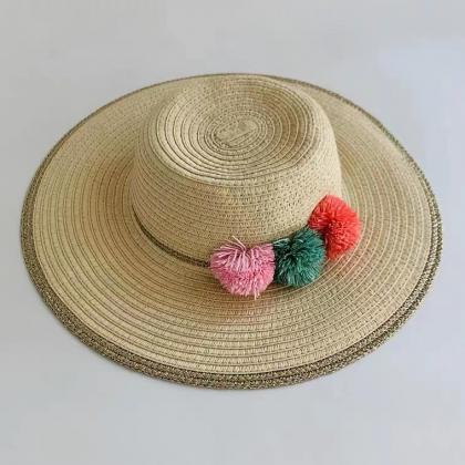 Straw Hat, Summer, Color Ball, Portable Sunshade..