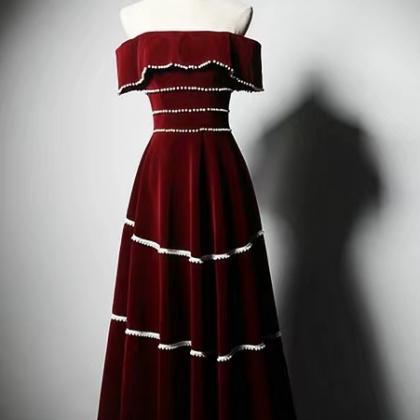 Burgundy Prom Dress,cute Velvet Dress,off Shoulder..