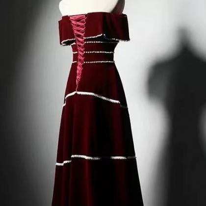 Burgundy Prom Dress,cute Velvet Dress,off Shoulder..