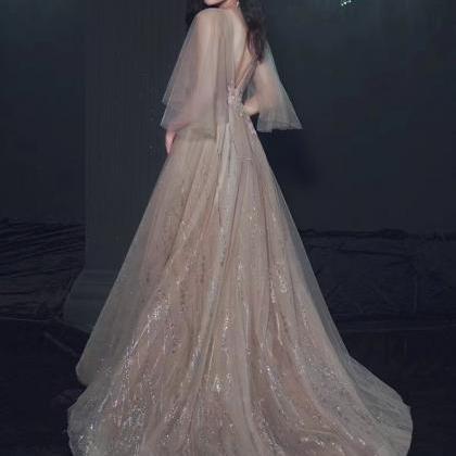 Champagne Sequin Tulle V-Neck Prom Dress 20889 main image 0