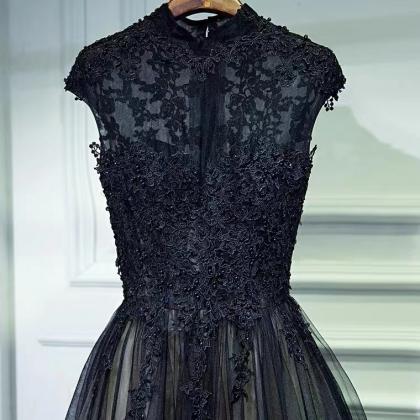 Black Evening Dress,high Neck Prom Dress,elegnt..