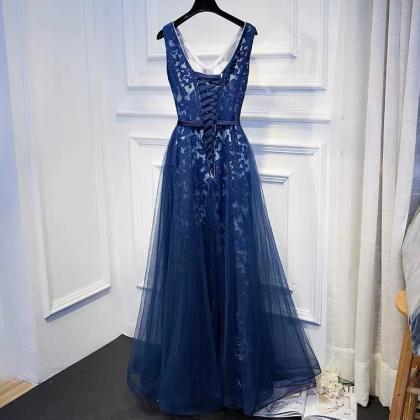 V-neck Prom Dress,lace Party Dress,navy Blue..