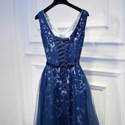 V-neck Prom Dress,lace Party Dress,navy Blue..
