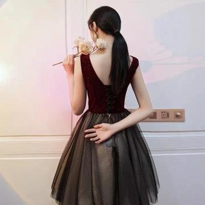 V-neck Party Dress, Black Bridesmaid Dress, Short..