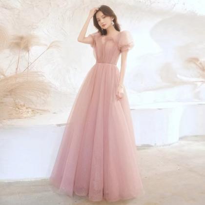 Temperament pink dress, bubble slee..