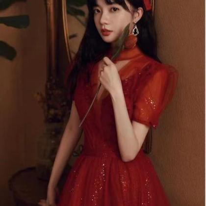 High Neck Prom Dress, Red Evening Dress, Student..
