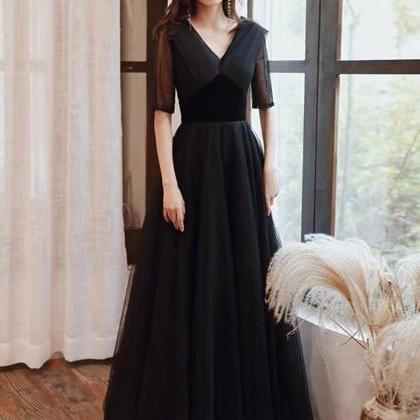 V-neck prom dress,black evening dre..