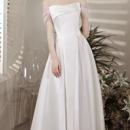 Satin White Evening Dress, Off Shoulder Simple..