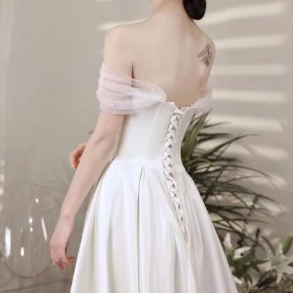 Satin White Evening Dress, Off Shoulder Simple..
