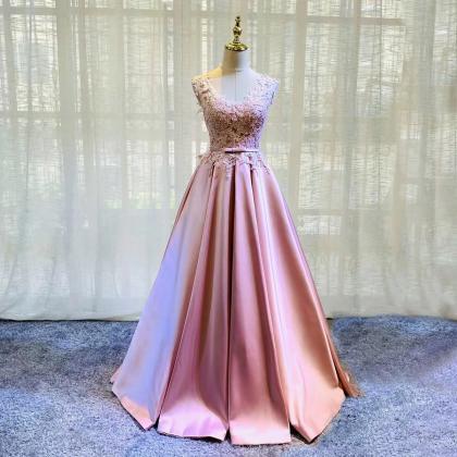 Pink Evening Dress, V-neck Birthday Dress, Elegant..