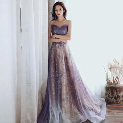 Purple Evening Dress, Strapless Prom Dress, Sequin..