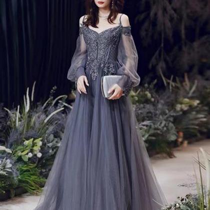 Long Sleeve Prom Dress,gray Party Dress,elegant..