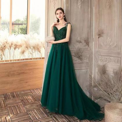 Spaghetti Strap Evening Dress,green Elegant Prom..