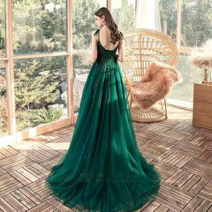 Spaghetti Strap Evening Dress,green Elegant Prom..