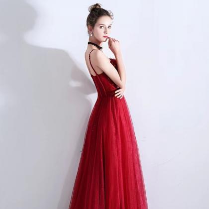 Red Evening Dress,,sexy Beaded Dress, Spaghetti..