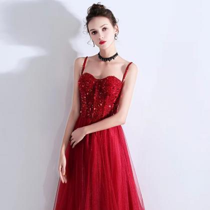 Red Evening Dress,,sexy Beaded Dress, Spaghetti..