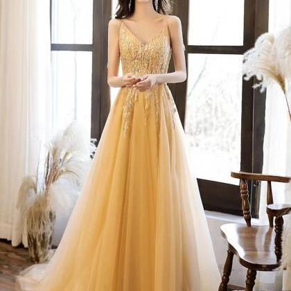 Yellow Party Dress, Spaghetti Strap Prom..
