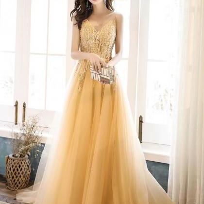 Yellow Party Dress, Spaghetti Strap Prom..