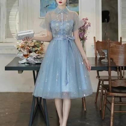 High Collar Prom Dress, Blue Homecoming Dress,..
