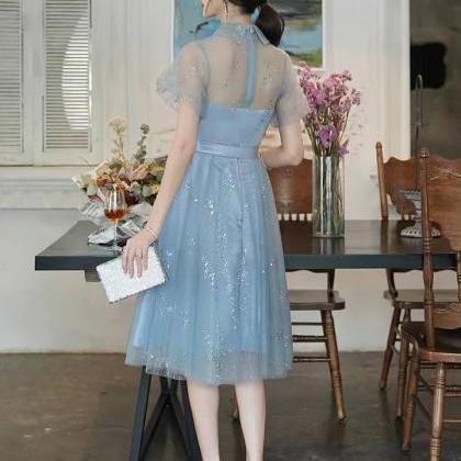High Collar Prom Dress, Blue Homecoming Dress,..