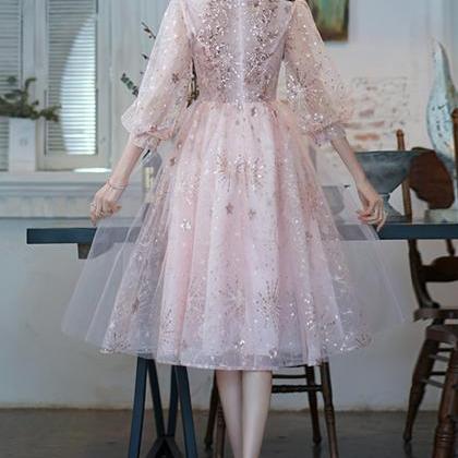 Pink Tulle Short Sleeves Homecoming Dress, Flowers..