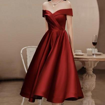 Elegant Burgundy Evening Dresses, Satin Tea Length..