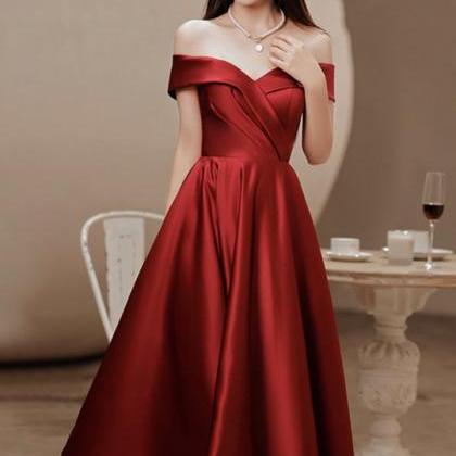 Elegant Burgundy Evening Dresses, Satin Tea Length..