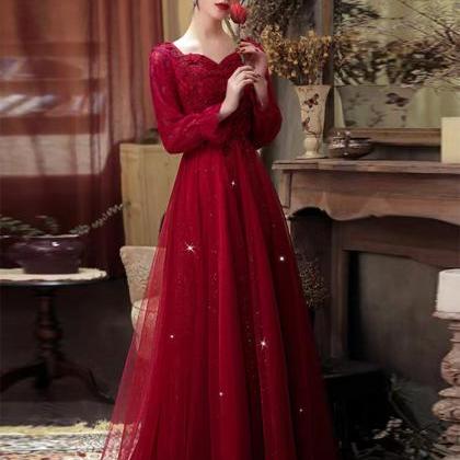 Red Elegant Prom Dress,,long Sleeve Evening..
