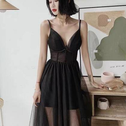 Black Evening Dress, Spagthetti Strap Temperament..